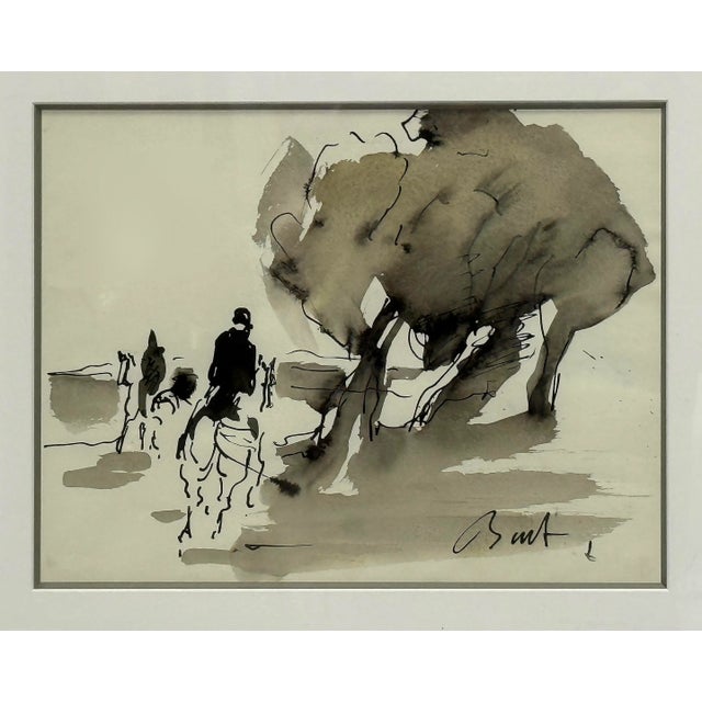 Vintage Abstract Fox Hunt Horse Painting in Gouache and Ink Watercolor Offered for sale is a vintage modern abstract...