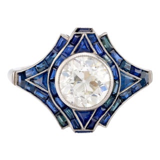 1920s Art Deco Style 1.31 Carat Old European Cut Diamond Sapphire Platinum Ring For Sale