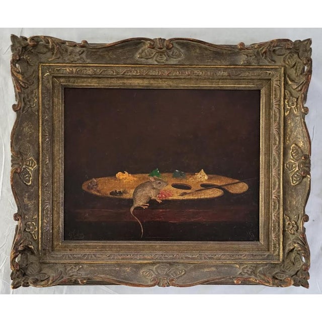 Wood Antique French Signed Oil Painting Mouse on Artist Palette - Signed Friday For Sale - Image 7 of 8
