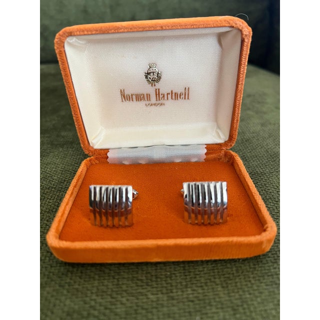 Metal Sir Norman Hartnell Vintage Silver Plated Cufflinks In Original Velvet Case For Sale - Image 7 of 18