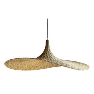Large Hat-Shaped Rattan Pendant Light, 1980s For Sale