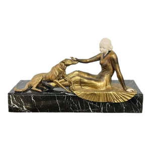 Art Deco Bronze Patina & Marble Sculpture of a Women & Borzoi Dog by Cham, C. 1920's