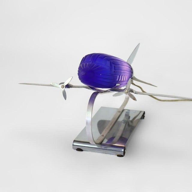 1970s Vintage Chrome & Cobalt Blue Art Deco Dc-3 Airplane Table Lamp C1977 For Sale - Image 5 of 9