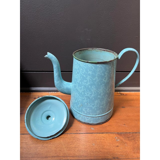 Beautiful blue large vintage french enamelware teapot. Great condition, light patina throughout. 12" H x 13" W (handle to...