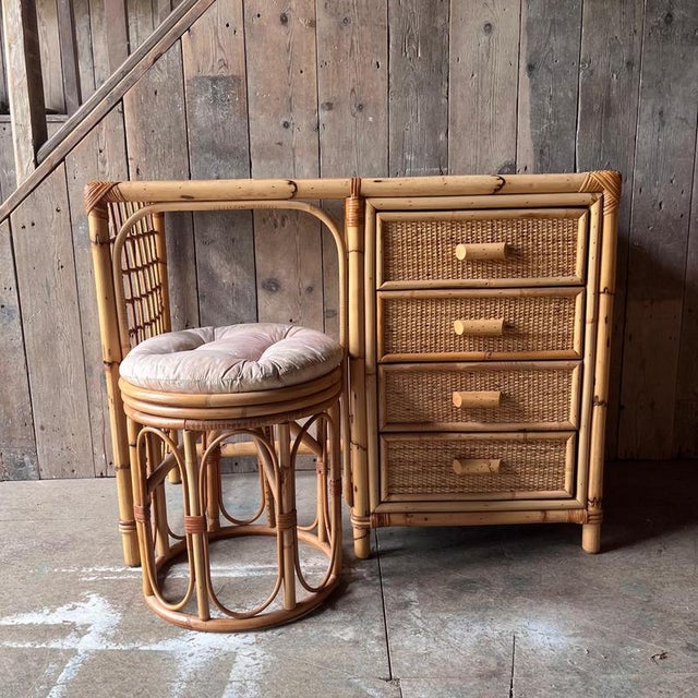 Vintage Bamboo Dressing Table with Drawers and Cushioned Stool, Set of 2 For Sale - Image 3 of 11