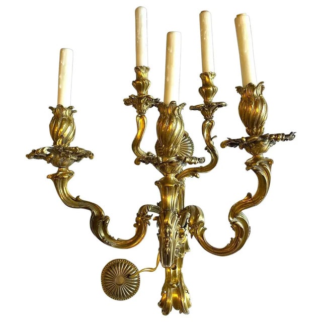 Lights Pair 19th Century French Rococo Revival Gilt Bronze Five-Light Wall Sconces For Sale - Image 7 of 11
