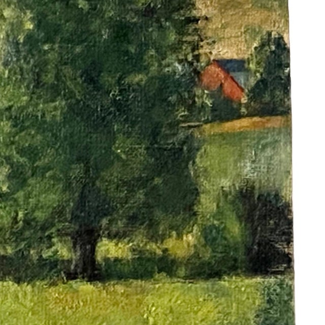 Contemporary 1960s Original Painting White Horse in a Field With Trees, Mountains, and a Red Barn For Sale - Image 3 of 5