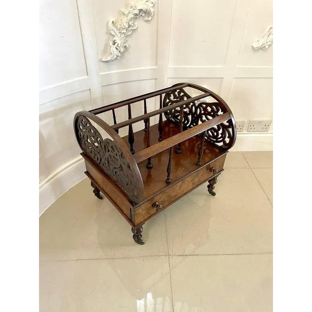 Large antique Victorian freestanding burr walnut canterbury having attractive oval shaped ends and pretty pierced fretwork...