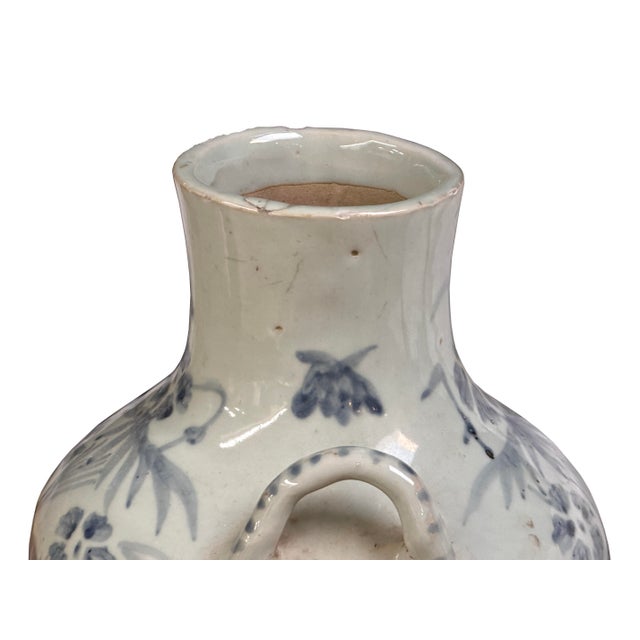 Vintage Fade Gray White Pale Blue Floral Graphic Ceramic Vase For Sale - Image 11 of 11