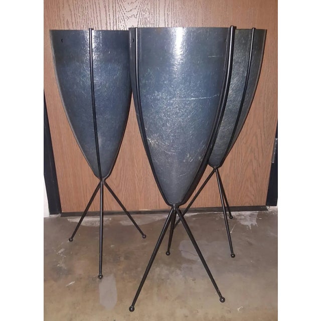 1950s Zenith Elephant Gray Fiberglass Bullet Planter With Iron Tripod Stand For Sale - Image 12 of 13
