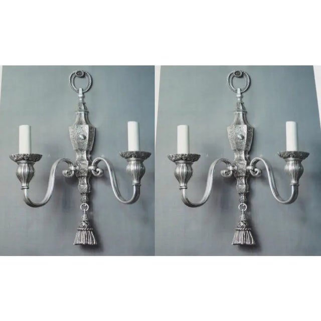 Edward F. Caldwell & Co. 1900s Silverplated Bronze, Double-Branch Wall Sconces With Finely Chased Low Relief Details Throughout. Maker Is e.f. Caldwell, New - a Pair For Sale - Image 4 of 7
