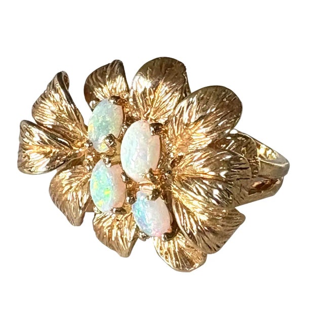 Vintage 1950s 18 Karat Gold Panetta Cocktail Ring Over Sterling Silver - Leaf Motif With Opals For Sale In New York - Image 6 of 6