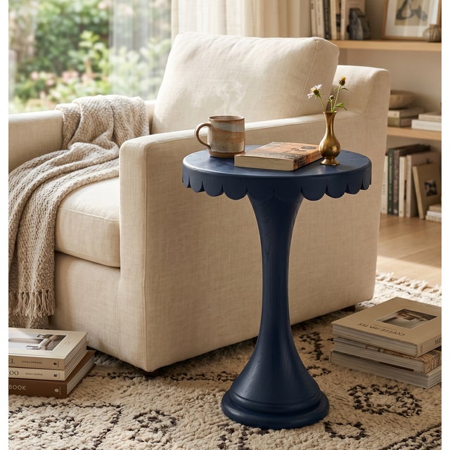 Navy Blue Scalloped Round Drink Table Navy Blue For Sale - Image 8 of 10