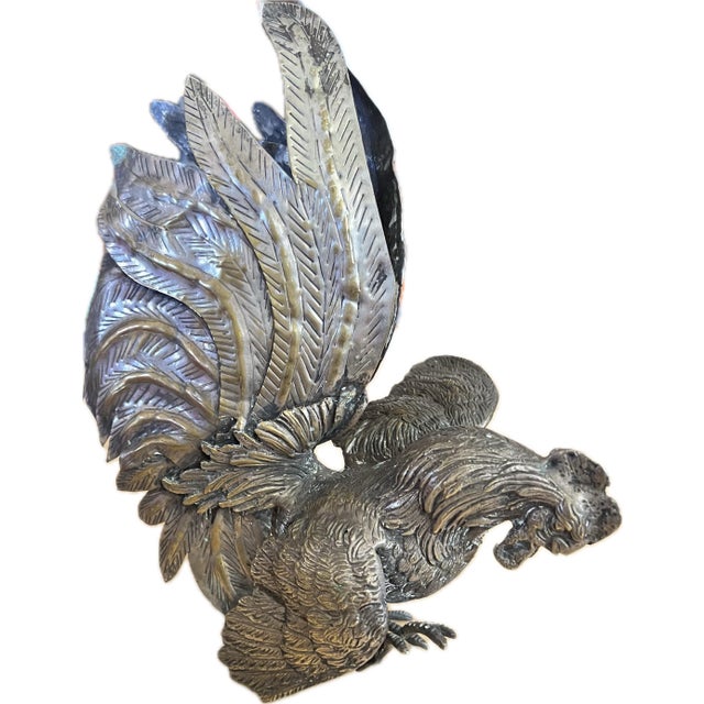 Vintage Solid Brass Fighting Rooster Sculpture With Dramatic Tail For Sale - Image 11 of 12