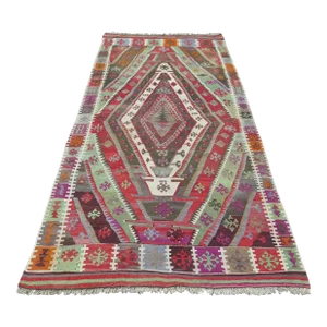 Mid 20th Century Mid 20th Century Vintage Handwoven Turkish Tribal Kilim Area Wool Rug