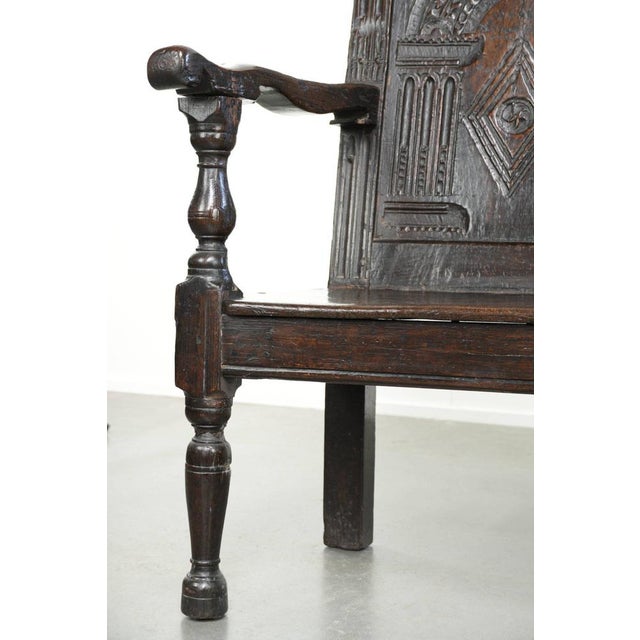 Antique English Oak Wainscot Chair with Wood Carving For Sale - Image 12 of 14