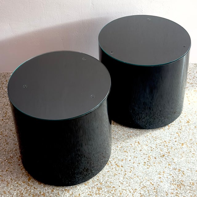 Wood Postmodern Glass-Topped Black Rolling Cylinder Side Tables For Sale - Image 7 of 10