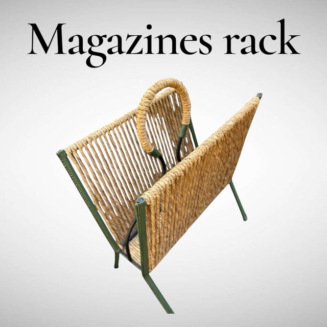 A Rare French Midcentury Modern hand stitched leather magazine rack by Jacques Adnet, circa 1955. Adnet had a rare talent...