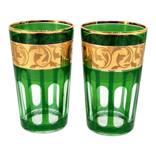 Vintage French VMC Reims Emerald Green & Gold Floral Highball Glasses, Pair For Sale
