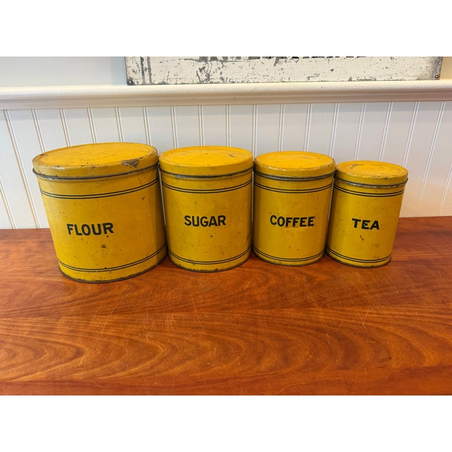 Early 20th Century Bright Yellow Enamel Flour, Sugar, Coffee & Tea Kitchen Canisters – Set of 4 For Sale - Image 17 of 17