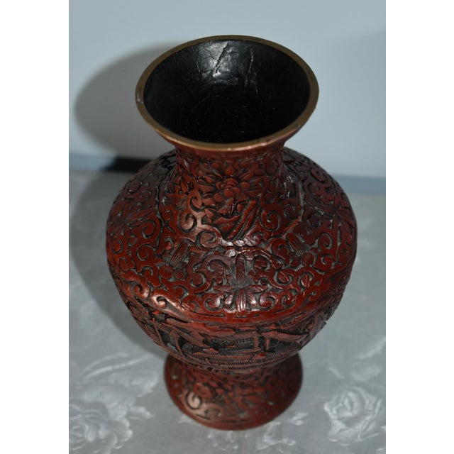 Antique Carved Chinese Figural Cinnabar Vase For Sale - Image 10 of 12