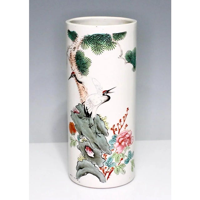Chinoiserie Large Chinese Republic White Porcelain Cylinder Vase, Hat Stand With Red Crowned Cranes on Wood Display Stand For Sale - Image 3 of 11