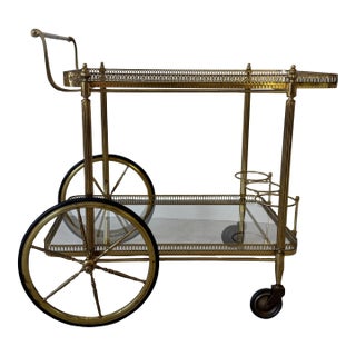 1960’s Italian Hollywood Regency Brass & Glass Bar Cart With Bottle Holder For Sale
