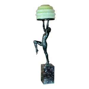 Max Le Verrier -Nude Female Holding Glass Dome-Art Deco Vintage Table Lamp