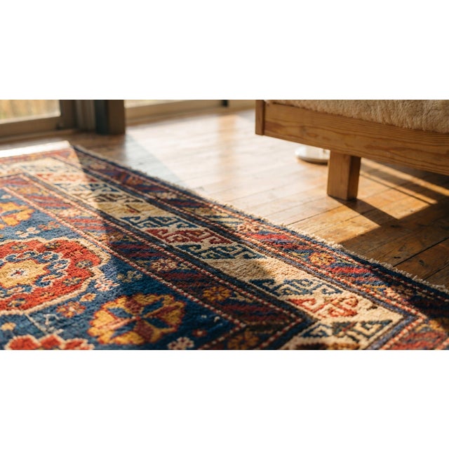 Textile 1890s Royal Blue Geometric Antique Caucasus Kuba Rug 3'2" X 3'10" Handknotted Wool Carpet For Sale - Image 7 of 8