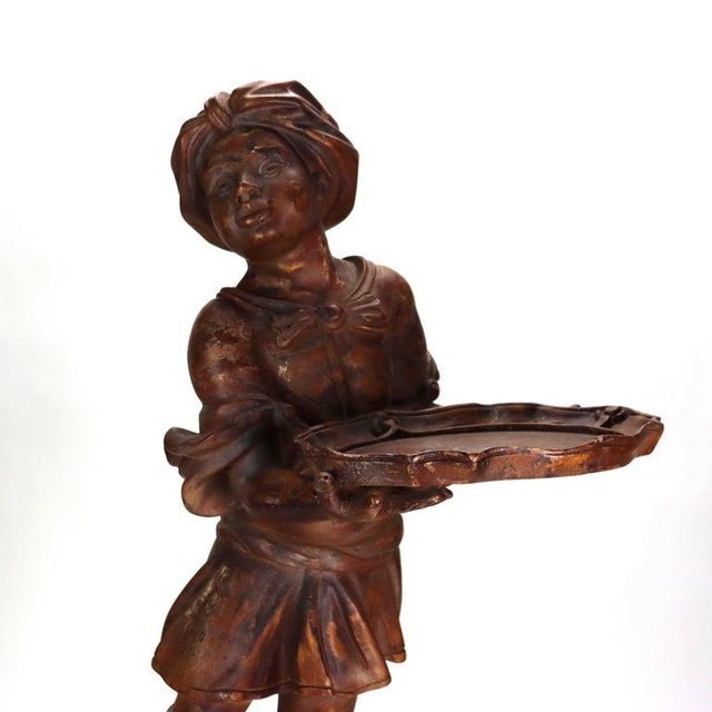 Antique 36" Carved Wood Sculpture of a Moorish Servant Boy With Tray C1920 For Sale - Image 4 of 14
