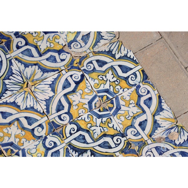 17th Century Portuguese Antique Tiles Set of 40 Blue, Yellow & White Geometric Floral For Sale - Image 9 of 18