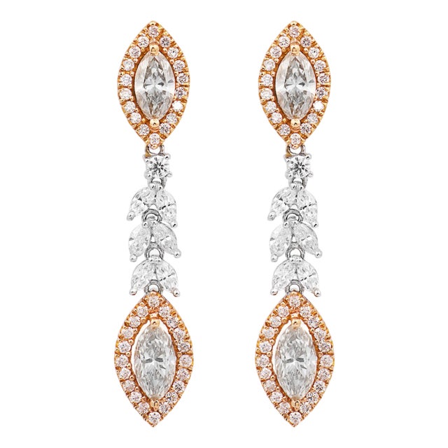 Mid 20th Century Pair of Marquise Cut Diamond 18k Two Tone Gold Drop Earrings For Sale