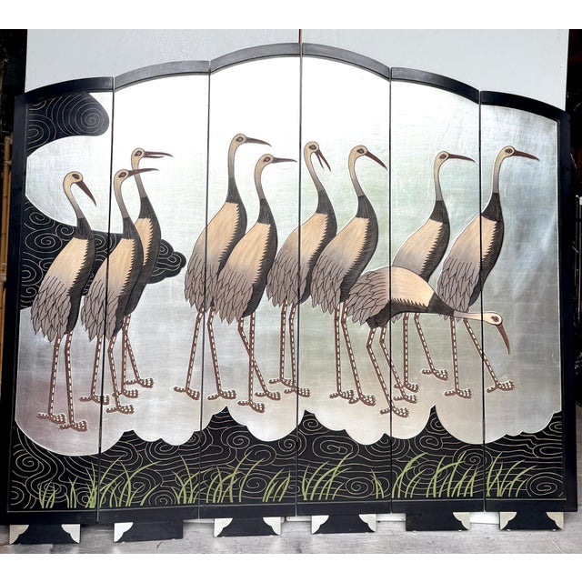 Art Deco Style Six-Panel Silver Leaf Crane Screen, Hong Kong, Circa 1980 For Sale - Image 11 of 18
