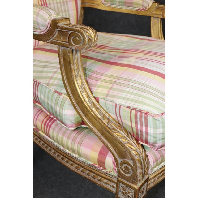 Pair of Louis XVI Style Gilt Carved Arm Chairs With Plaid Upholstery For Sale - Image 15 of 15