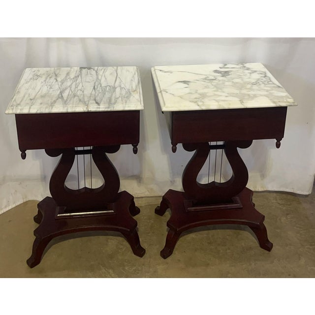 Antique American Empire Style Mahogany Lyre Parlor Tables With Distinct Italian Marble Tops - A Pair For Sale - Image 6 of 10