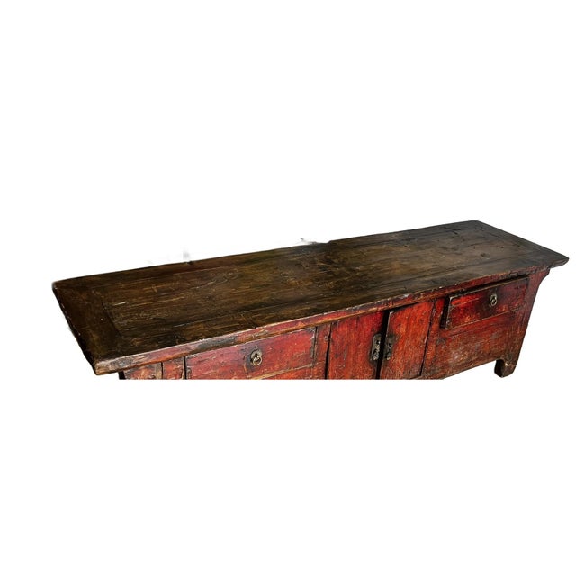 Wood Chinese Antique Low Kang Cabinet in Traces of Original Patina of Red Lacquer For Sale - Image 7 of 10