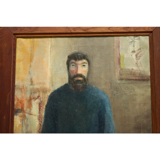 Belgian Artist, Portrait of a Sitting Man, 1964, Oil and Tempera Paint on Canvas For Sale - Image 6 of 12