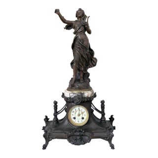 Antique French Hippolyte Moreau “Mélodie” Figural Clock Garniture, 3 Pieces For Sale