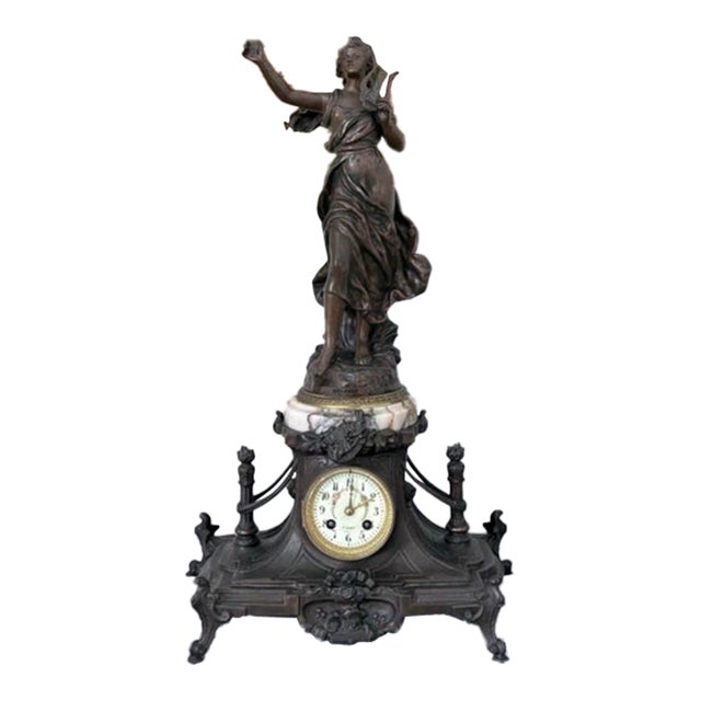 Antique French Hippolyte Moreau “Mélodie” Figural Clock Garniture, 3 Pieces For Sale