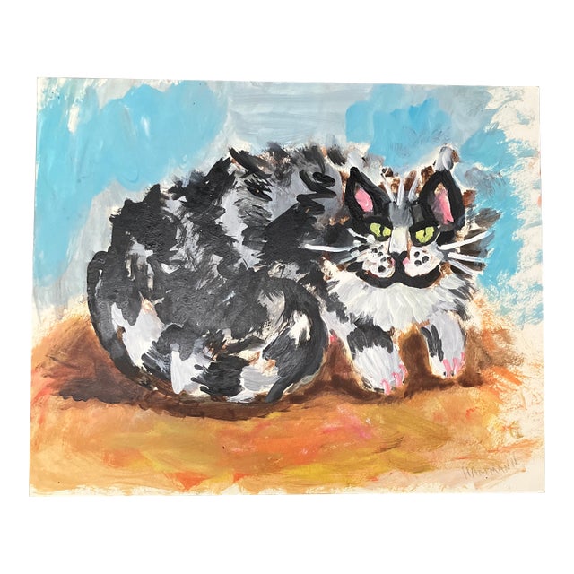 1980’s Abstract Outsider Cat Watercolor Painting Signed For Sale