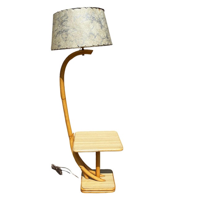1950s Rare Restored Two-Tier Rattan Floor Lamp W/ Built-in Formica Top Side Table For Sale - Image 4 of 11