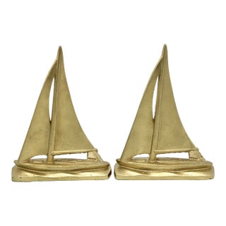 Vintage American Classic Brass Sailboat Bookends For Sale