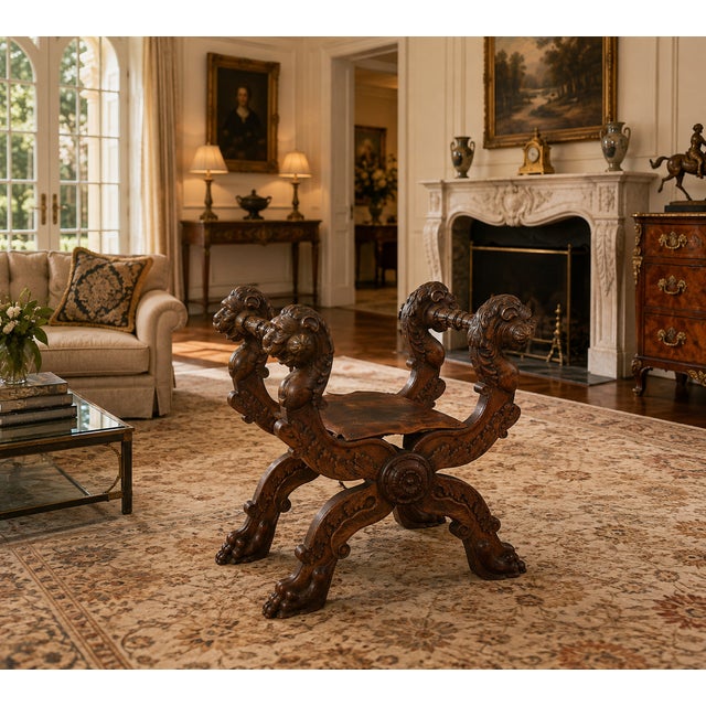 Monumental 19th-Century Renaissance Revival Carved Walnut Folding Stool Dimensions: Height: 40 in. (102 cm) Width: 38 in....
