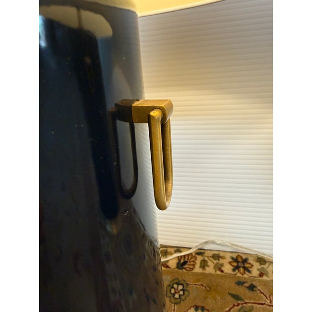 Pottery Barn Navy Ceramic + Brass Table Lamps, Pair For Sale - Image 11 of 12