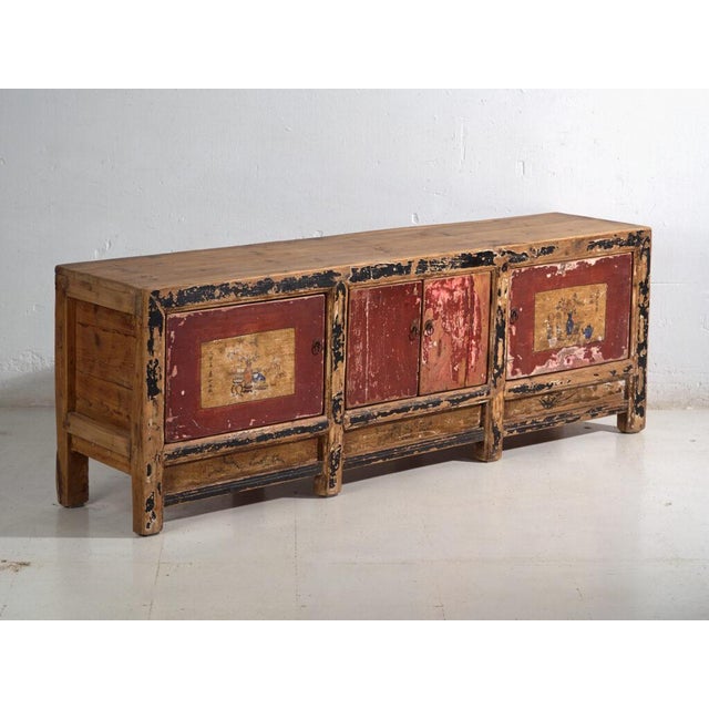 Antique painted sideboard in pine wood, chinese provincial furniture with painted panels originating from shanxi and dated...
