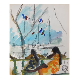 Early 20th Century Women Watching Tahitian Harbor Watercolor Painting For Sale