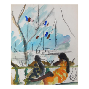 Early 20th Century Women Watching Tahitian Harbor Watercolor Painting