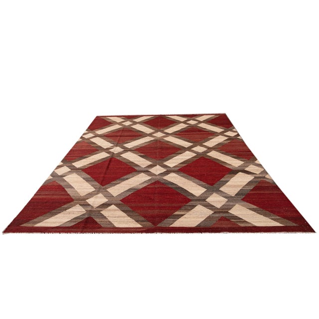 Modern Kilim Flatweave Red and Beige Geometric Wool Rug For Sale - Image 9 of 10