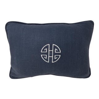 Chinoiserie Navy & White Embroidered Lumbar Pillow For Sale