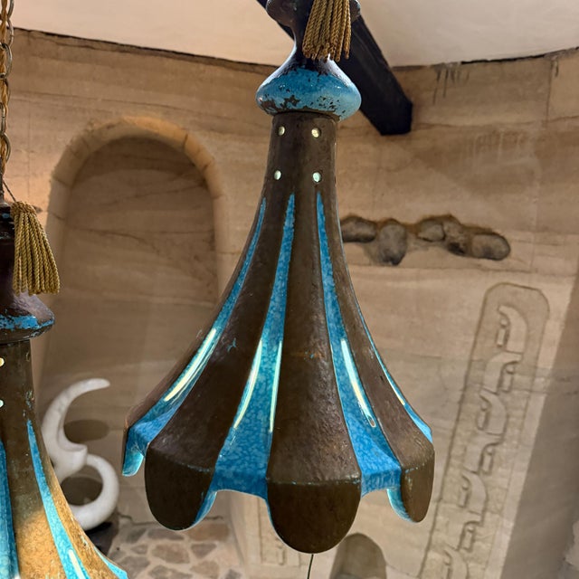 For your consideration, vintage Italian 1960s striped ceramic pendant chandeliers.These distinct mid-century lighting...